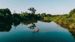 Pessoa praticando canoagem em lagoa cerca de vegetação nativa em dia claro