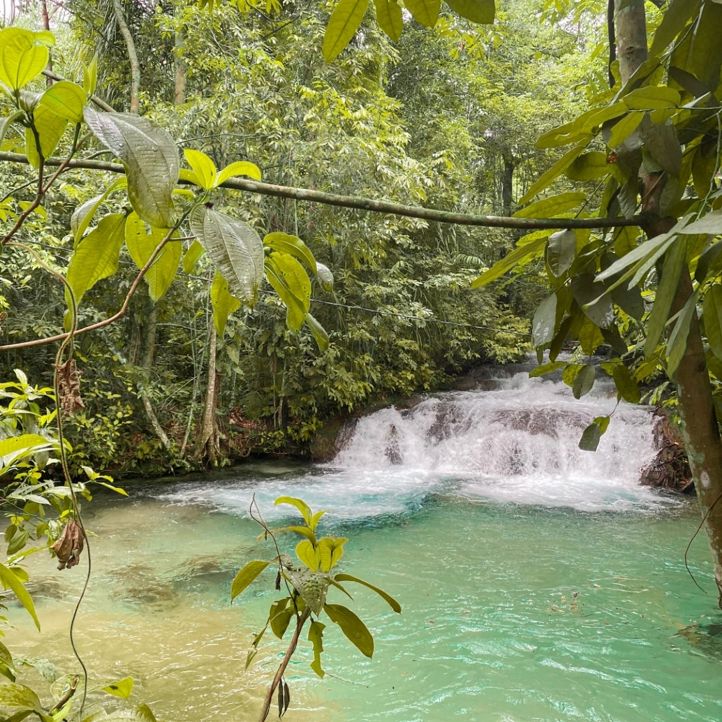 Cachoeira de águas azuis-esverdeadas cristalinas rodeada de vegetação nativa no Jalapão-TO.