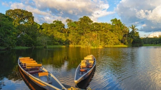Duas canoas sobre um rio em meio à Amazônia Equatorial