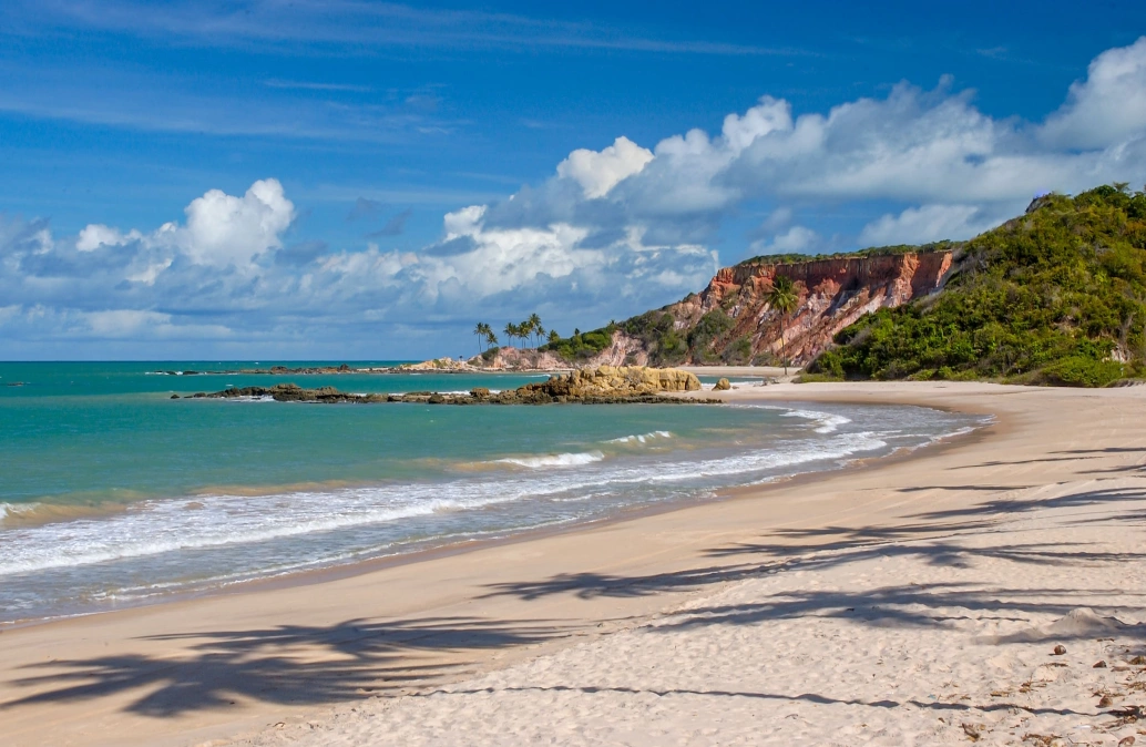 Bela vista de praia deserta com areias claras, mar esverdeado e vegetação