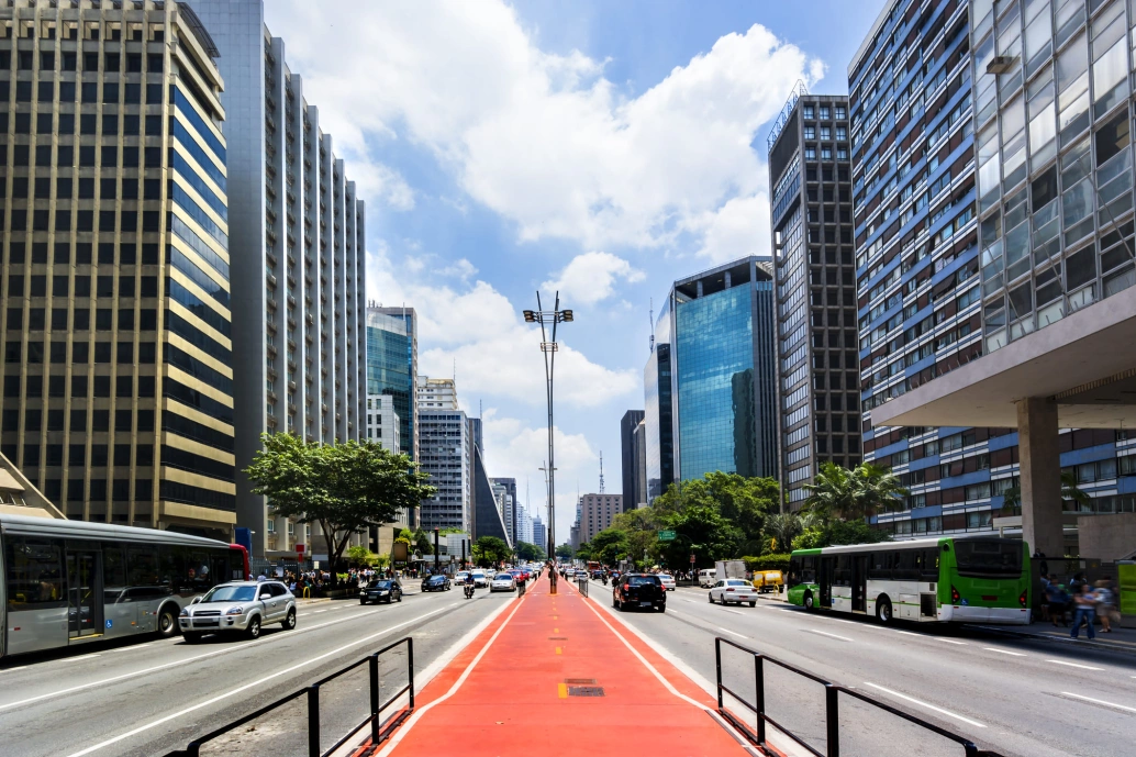 Avenida larga e asfaltada em São Paulo. No centro da imagem, uma ciclovia divide a avenida, que conta com três faixas para carros de cada lado. Há grandes edifícios ao longo da rua.