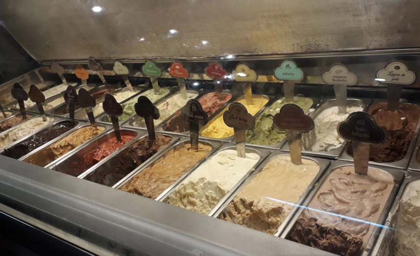 Exposição de sorvetes artesanais de diversos sabores