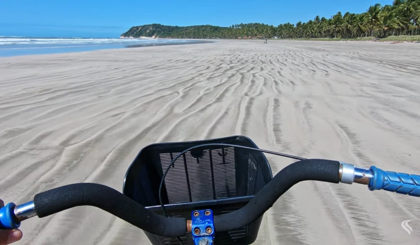 Guidão de bicicleta em areias brancas de praia deserta cercada por coqueiros