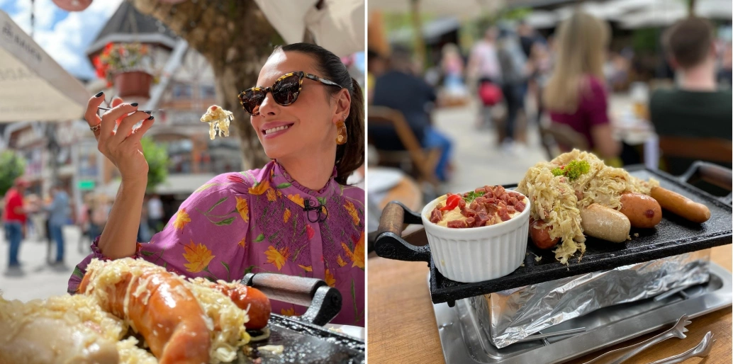 Do lado esquerda, uma mulher com garfo em direção à boca degusta uma refeição em restaurante ao ar livre. Do lado direito, close em um prato de inspiração alemã com salsichas, queijo e outra carne.