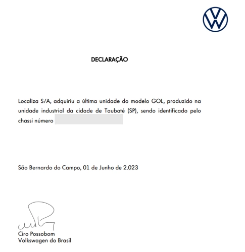 Certificado emitido pela Volkswagen atestando que a última unidade do Gol produzido no Brasil é da Localiza