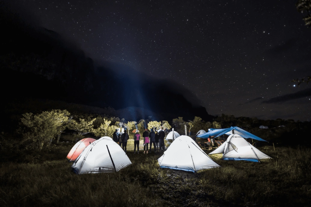 Noite estrelada em meio à natureza. Um grupo de pessoas acampa no local. Eles estão reunidos direcionando as luzes das lanternas para o céu