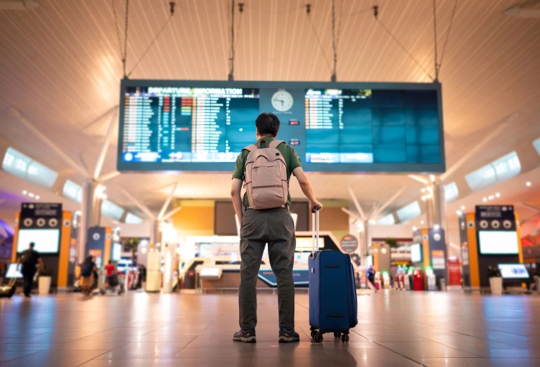 Homem turista de costas olhando para um grande painel digital em aeroporto internacional. Ele possui uma mochila nas costas e uma mala de rodinhas