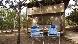 Barraca bem estruturada em cima de um deck de madeira, em meio à vegetação. Destaque para duas cadeiras dobráveis à frente da imagem