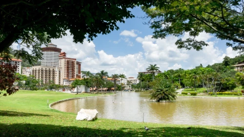 Praça arborizada com um lago no meio, na cidade de Águas de Lindóia, SP. As margens, e em meio à grama bem aparada, a vegetação típica da Mata Atlântica se destaca. Ao fundo, algumas construções de classe média-alta adornam a paisagem num dia claro