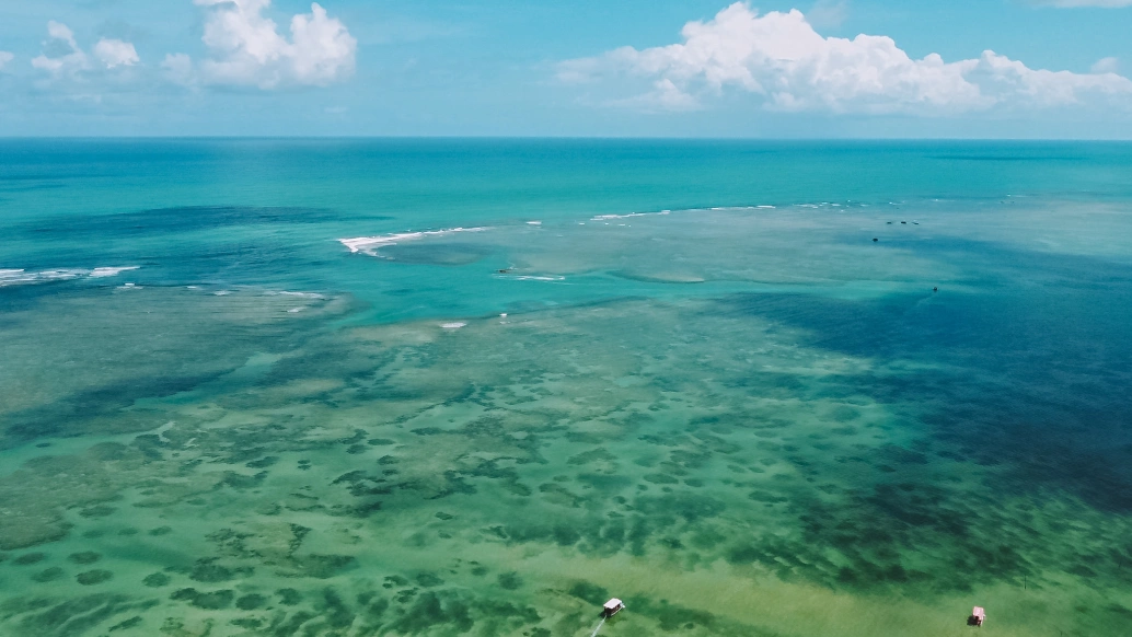 Vista aérea de uma extensa piscina natural com águas azuis cristalinas e vários corais de recife em dia ensolarado