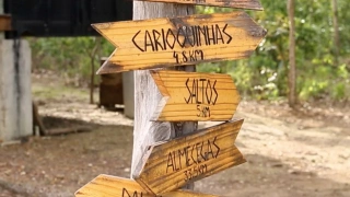 Placas em madeira indicando a direção de pontos turísticos e as distâncias em quilômetros