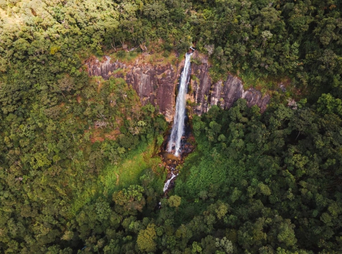 Vista aérea de grande queda d’água saindo de uma rocha e desaguando em um poço em meio à vegetação densa