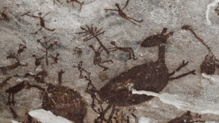Parede rochosa com muitas inscrições rupestres representando animais e pessoas