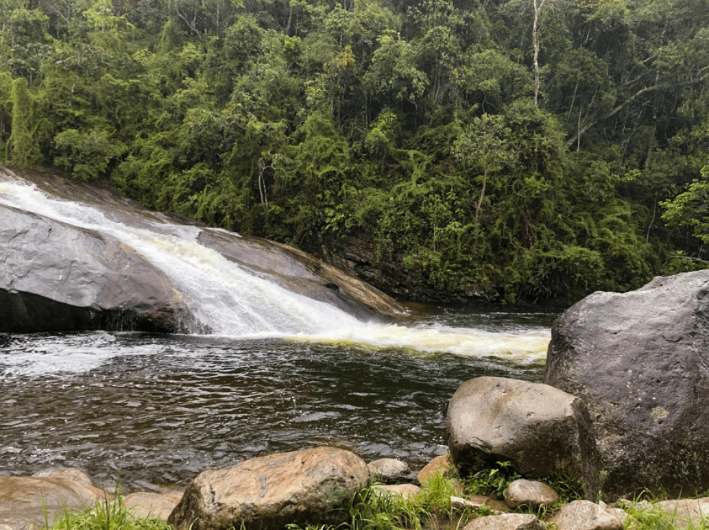 Cachoeira com pequena queda d’água entre as pedras no município de Visconde de Mauá. Ao redor do poço há muita vegetação.