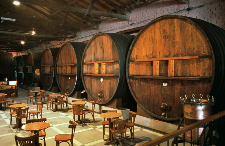 Sala de degustação de vinhos em Mendoza, Argentina. Gigantes barris de vinho se destacam