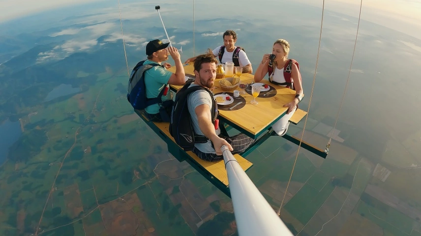 Imagem feita através de uma GoPro em um estabilizador, na mão de um homem, registrando o momento onde ele e seu grupo de amigos, dois outros homens e uma mulher, tomam um café da manhã em uma mesa pendurada por um balão de ar quente, nos céus.