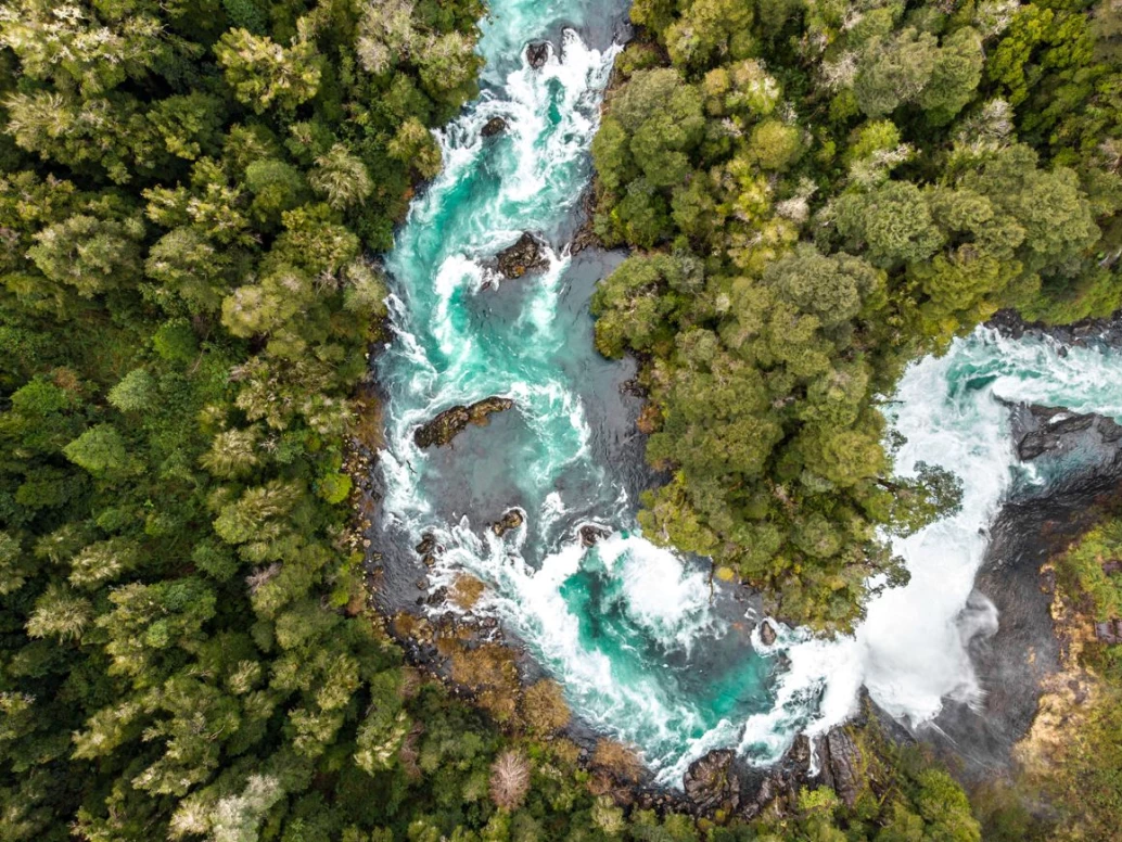 Vista aérea de um rio estreito, de coloração esverdeada, serpenteando uma floresta densa na Patagônia chilena