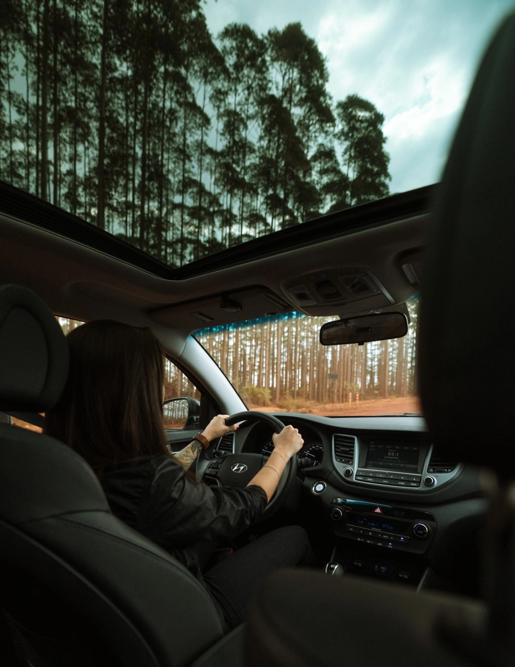 Mulher com as mãos no volante no interior de um carro, mostrando os bancos da frente, o painel e o teto solar, além de vegetação do lado de fora.