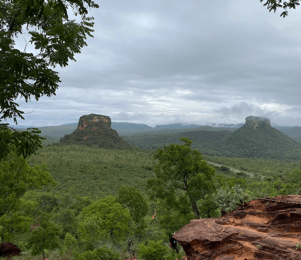 Vista frontal da natureza destacando duas montanhas em formato inusitado na famosa Chapada das Mesas.