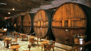 Sala de degustação de vinhos em Mendoza, Argentina. Gigantes barris de vinho se destacam