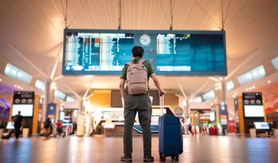 Homem turista de costas olhando para um grande painel digital em aeroporto internacional. Ele possui uma mochila nas costas e uma mala de rodinhas