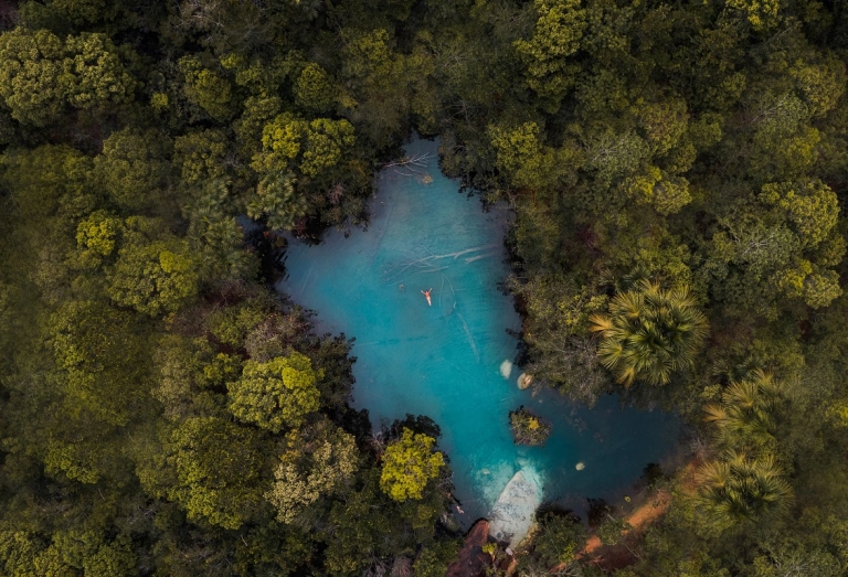 Vista panorâmica da Lagoa Cristalina cercada por diversas árvores