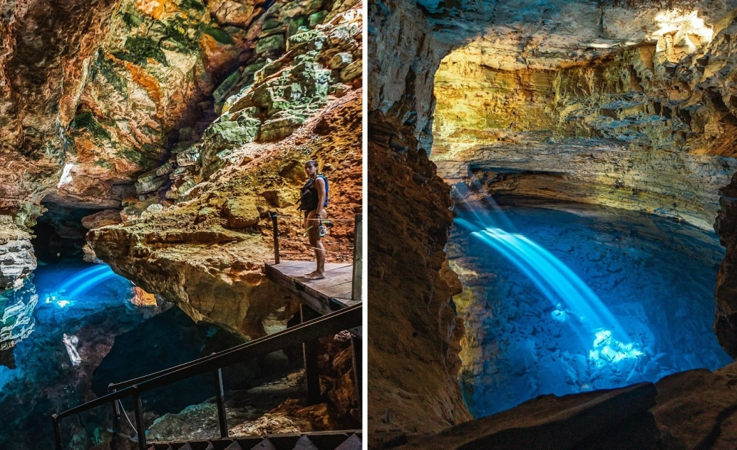 Na imagem à esquerda, uma mulher em pé dentro de uma caverna rochosa com sua água iluminada pelo raio do sol. Na imagem à direita, uma caverna com águas azuis límpidas também iluminadas pelo sol.
