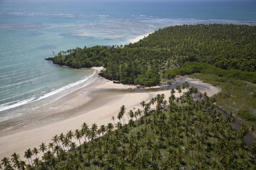 Vista aérea de uma ilha com águas cristalinas cercada por extensa vegetação de coqueiros que cercam areia branca da praia