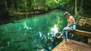 Mulher sentada em banco de madeira contempla peixes em lagoa de água azul cristalina em Nobres MT