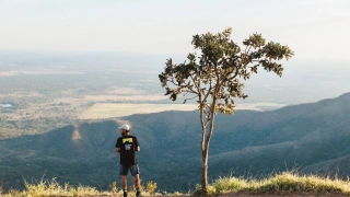 Homem visualiza grande cenário natural no topo de um mirante na Chapada dos Guimarães